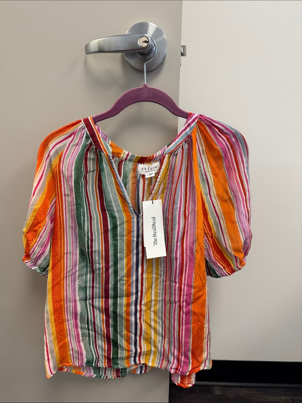 Velvet Striped Multicolor Puff Sleeve Blouse - Orange Pink Green Yellow